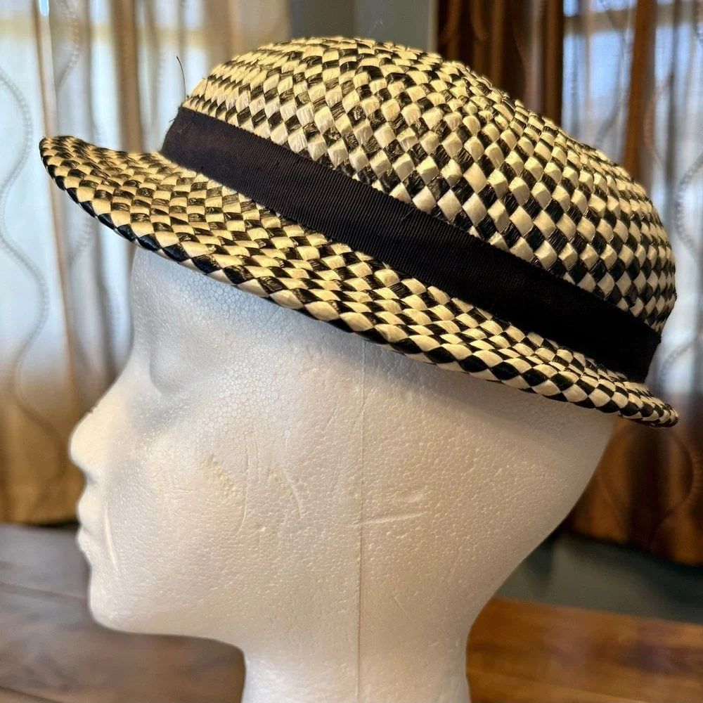 VTG 1950s MCM Women Black White Check Woven Straw Stingy Brim Trilby Hat Ribbon